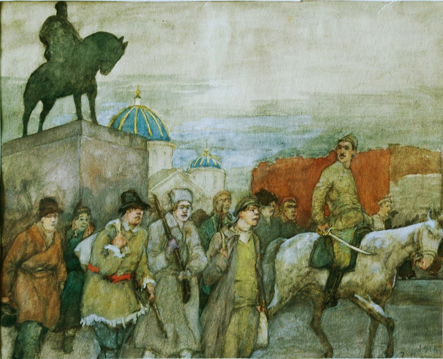 Призванные в Красную Армию. 1919. Бумага, гуашь..jpg