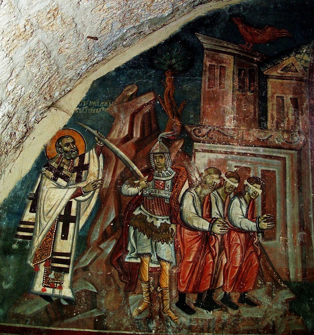 Фреска «Николай спасает трех невинно осужденных», капелла Св. Николая, Сербия, Сопочаны, XIII.jpg