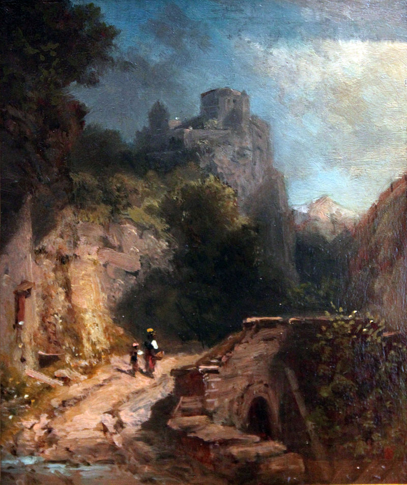 бав1868_Spitzweg_Gebirgslandschaft_mit_Brücke_und_Burg_anagoria.JPG