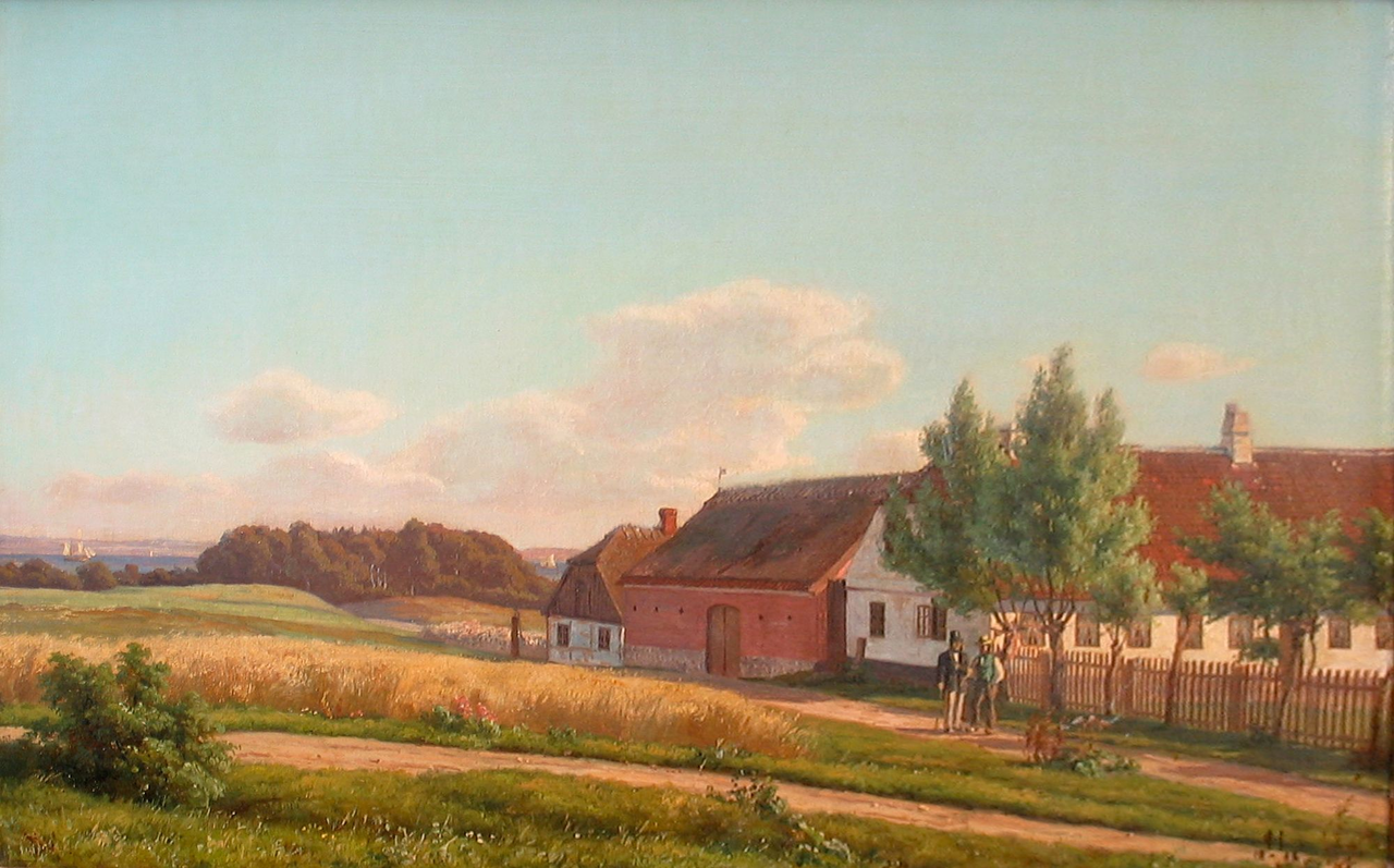 1280px-Carsten_Henrichsen_-_Sommerstemning_med_personer_i_samtale_ved_en_gård_-_1868.png