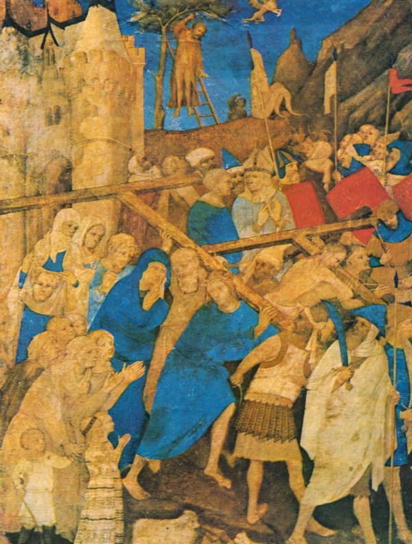 1385-1395  Anonyme  Le portement de croix, avec deux donateurs peinture sur parchemin.jpg