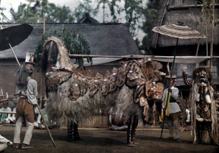 1928 Balinese performing their ceremonial Lion Dance by Francklin Price Knot.jpg