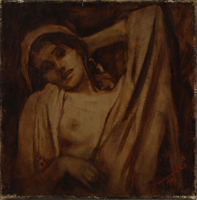 Cæsar_Kunwald,_Ung_kvinde_indhyllet_i_løse_klæder_og_med_blottet_bryst,_1925.png