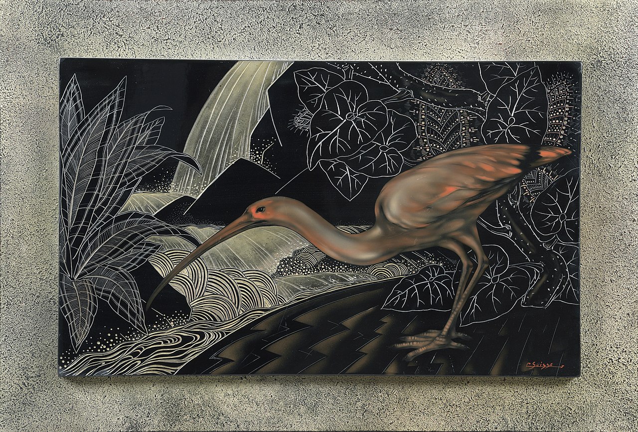 Gaston_Suisse._Ibis_rose_devant_une_cascade.jpg