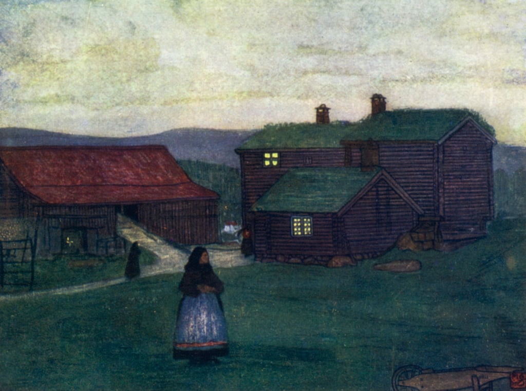 Nico_Jungman_-_Norway_Farm-houses_built_of_Poles_(colour_litho)_-_(MeisterDrucke-1013374).jpg