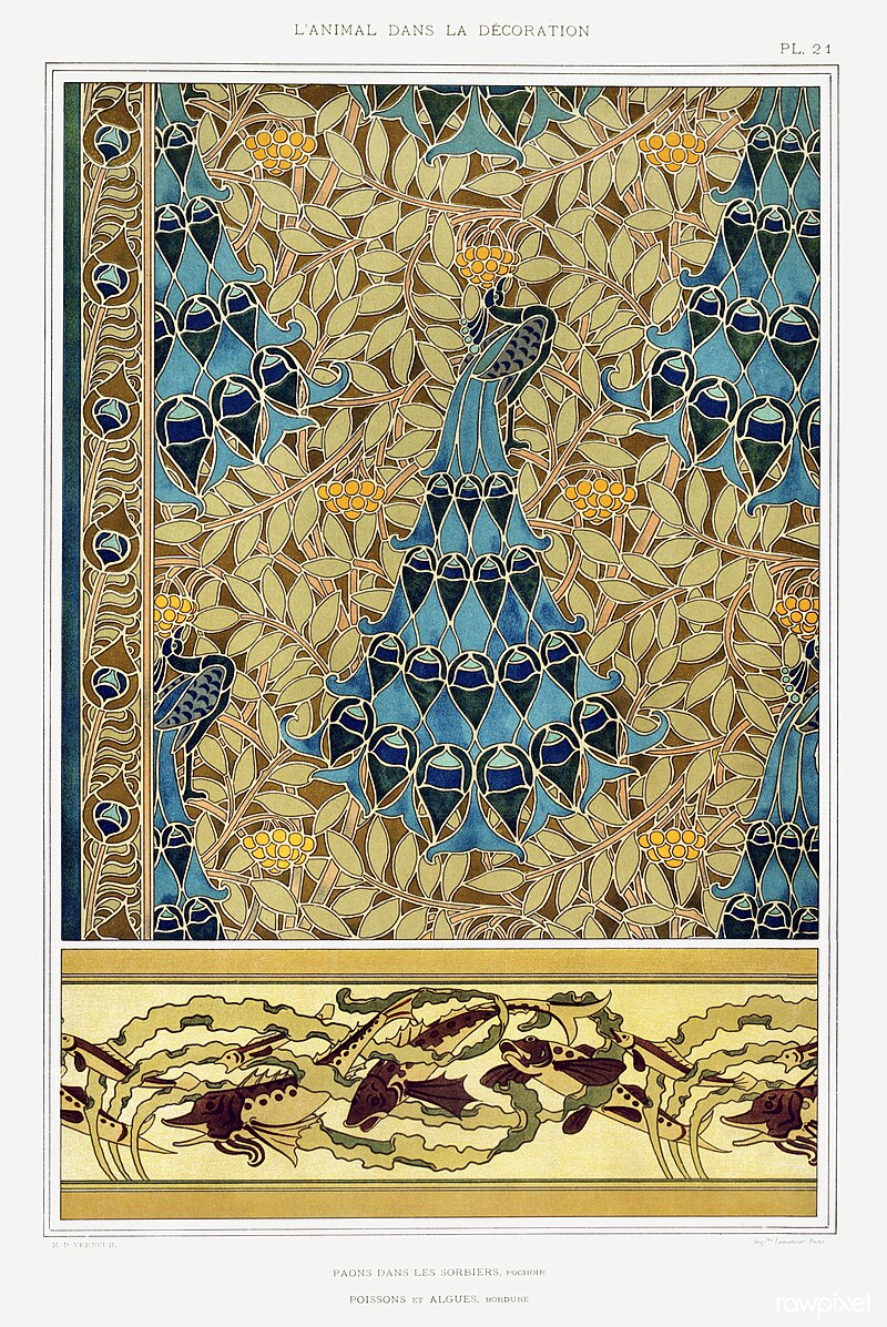 Paons_dans_les_sorbiers,_pochoir;_poissons_et_algues,.jpg