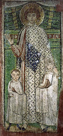 St_George_as_patron_of_two_children._Mosaic,_church_of_St_Demetrios_in_Thessaloniki.jpg