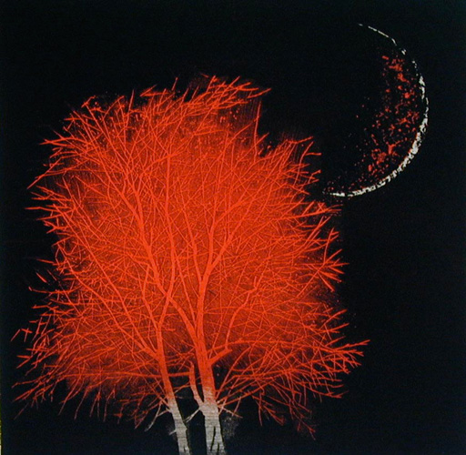 tanaka-yoshikazu-tree-in-ancient-city-no-2-paren-yellow-woodblock.jpg